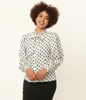 1940s White & Black Polka Dot Neck Tie Gwen Blouse by Unique Vintage