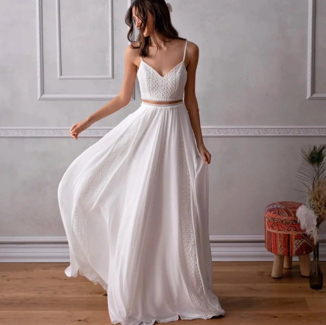 2 Piece Spaghetti Straps Backless Sleeveless A line wedding dress