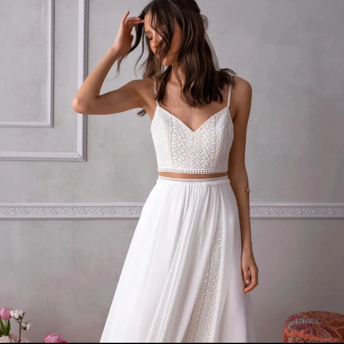 2 Piece Spaghetti Straps Backless Sleeveless A line wedding dress