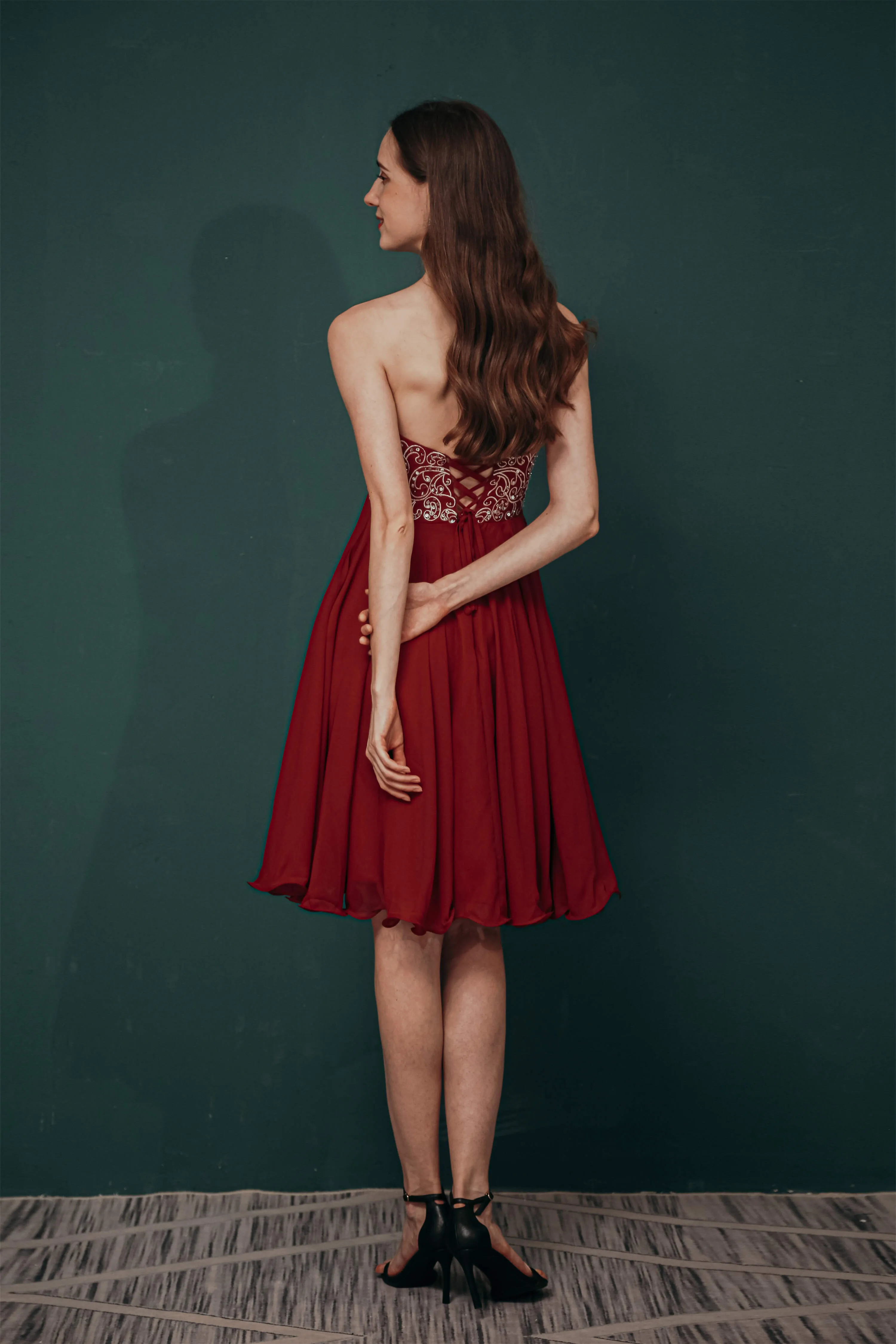 A-line Embroidery Chiffon Short Strapless Corset Back Beaded Homecoming Dresses