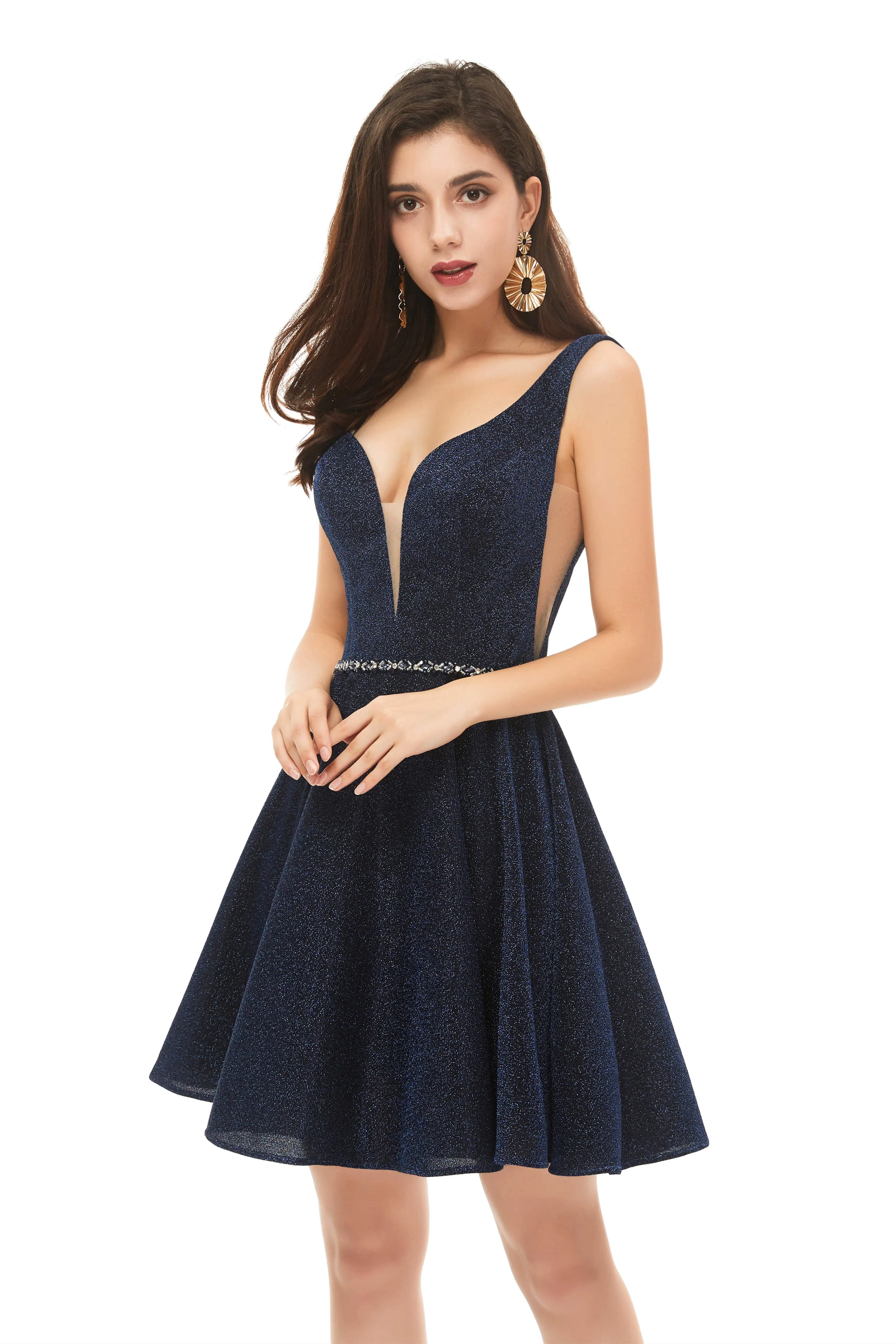 A-Line Navy Blue V-neck Mini Short Beading Homecoming Dresses k08