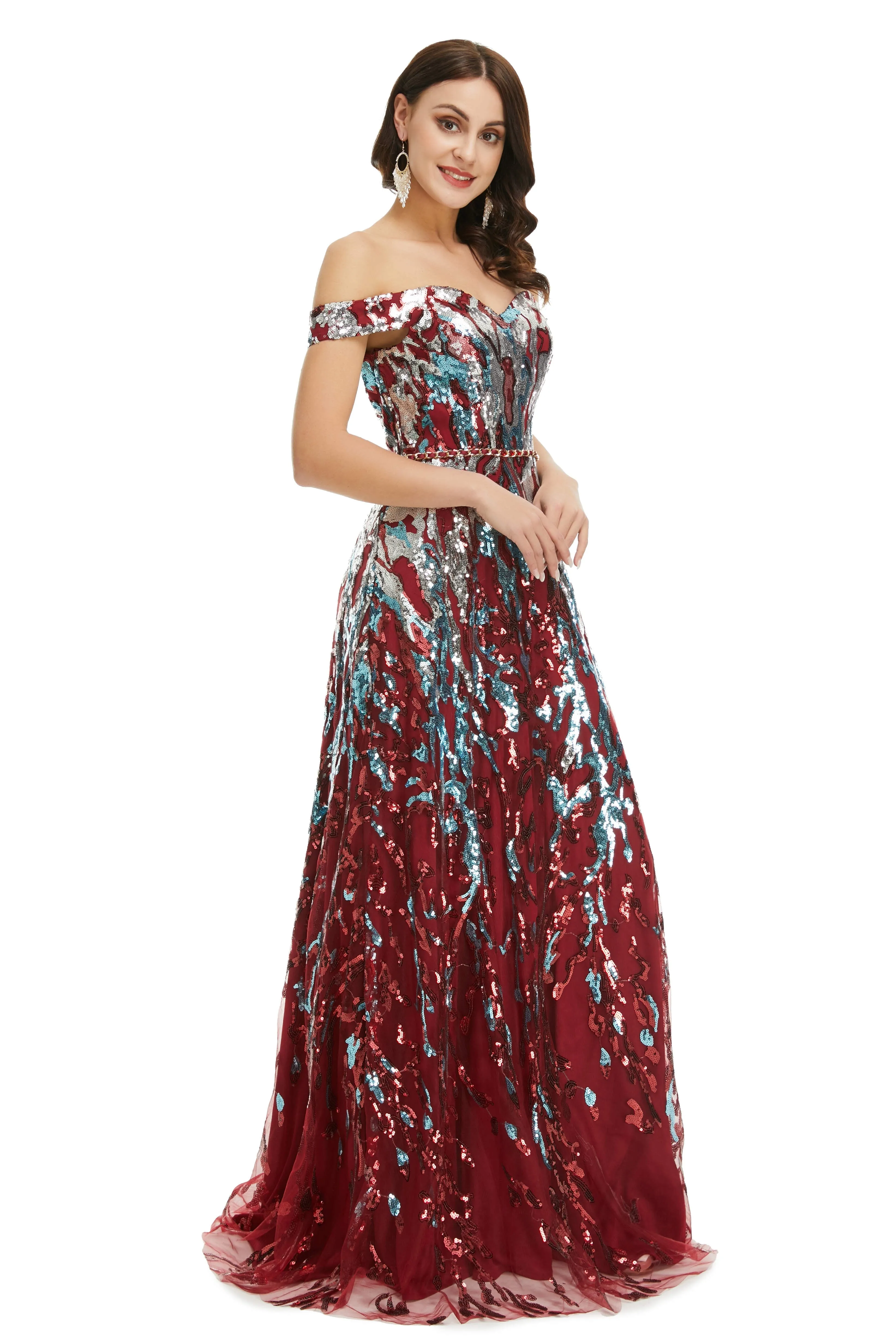 A Line Sequins Off the Shoulder Long Prom Dresses