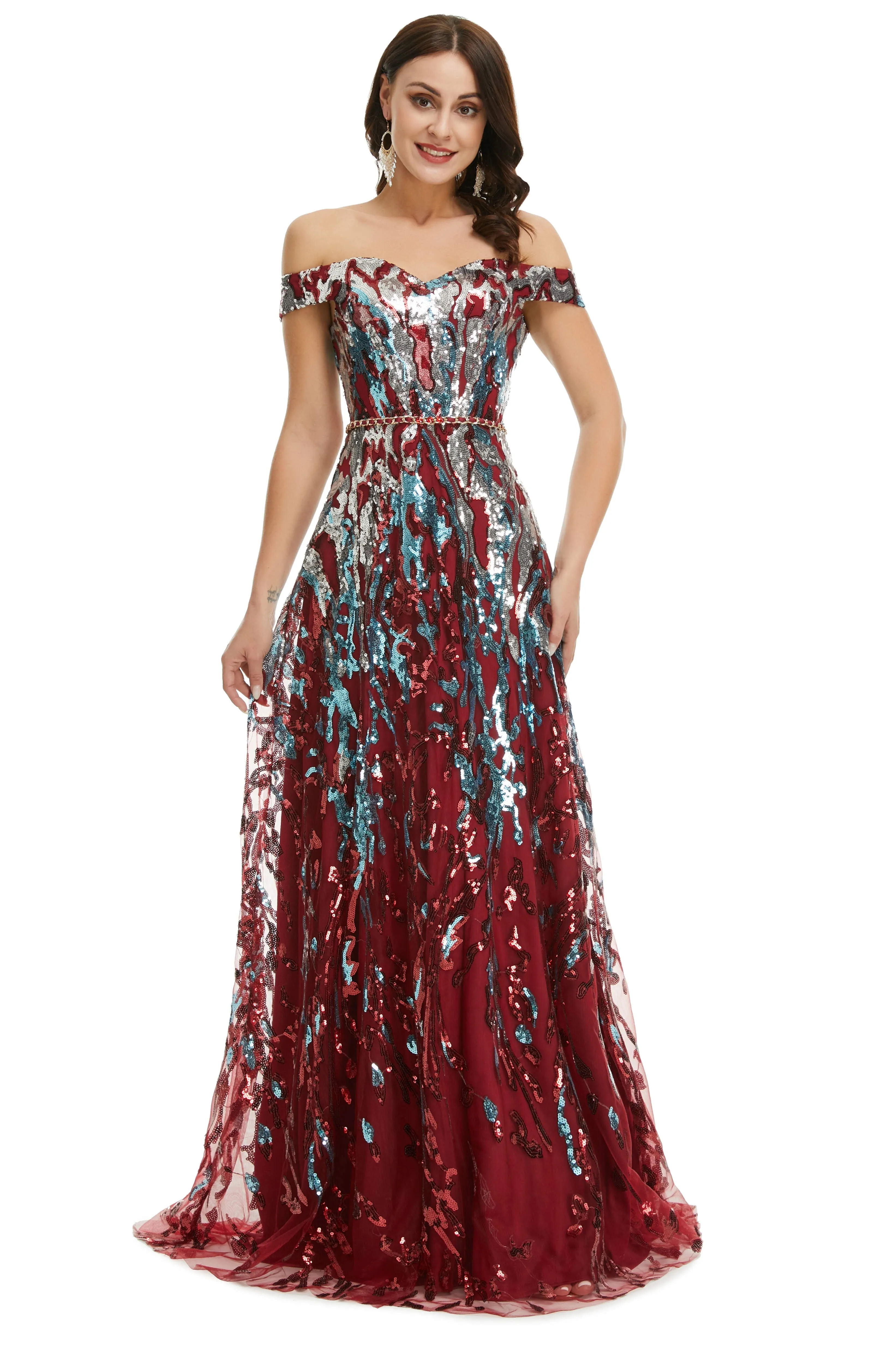 A Line Sequins Off the Shoulder Long Prom Dresses