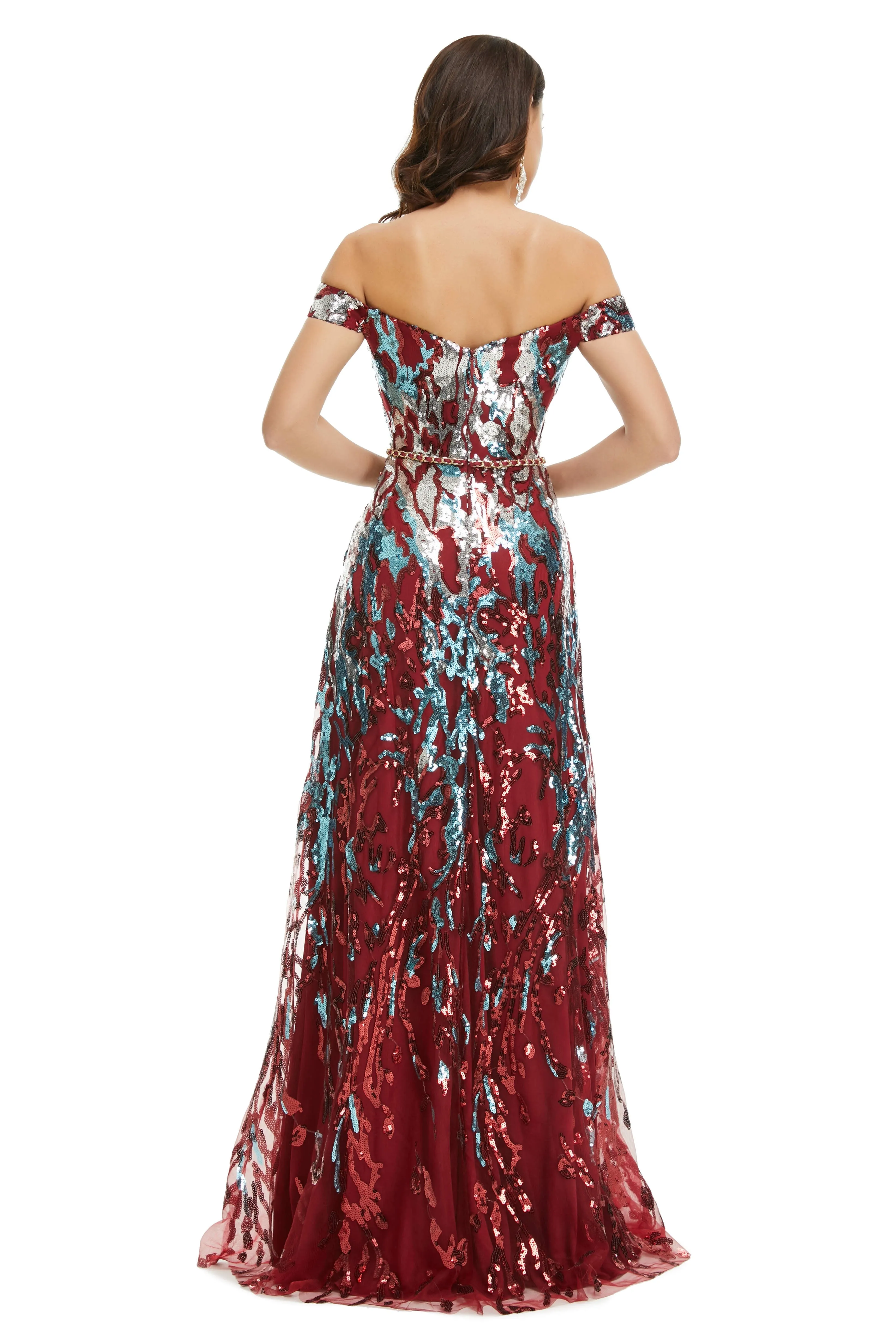 A Line Sequins Off the Shoulder Long Prom Dresses