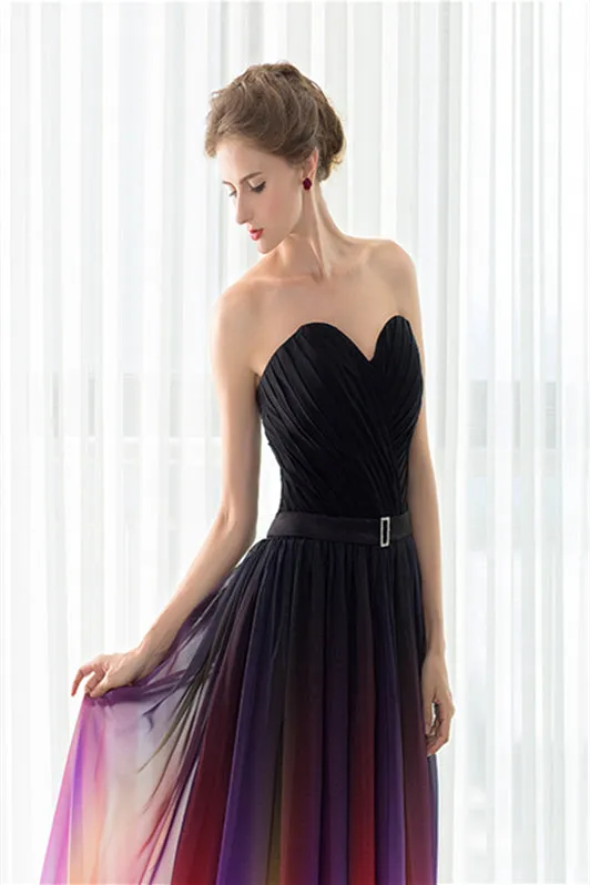 A Line Strapless Sleeveless Colorful Chiffon Floor Length Prom Dresses With Belt