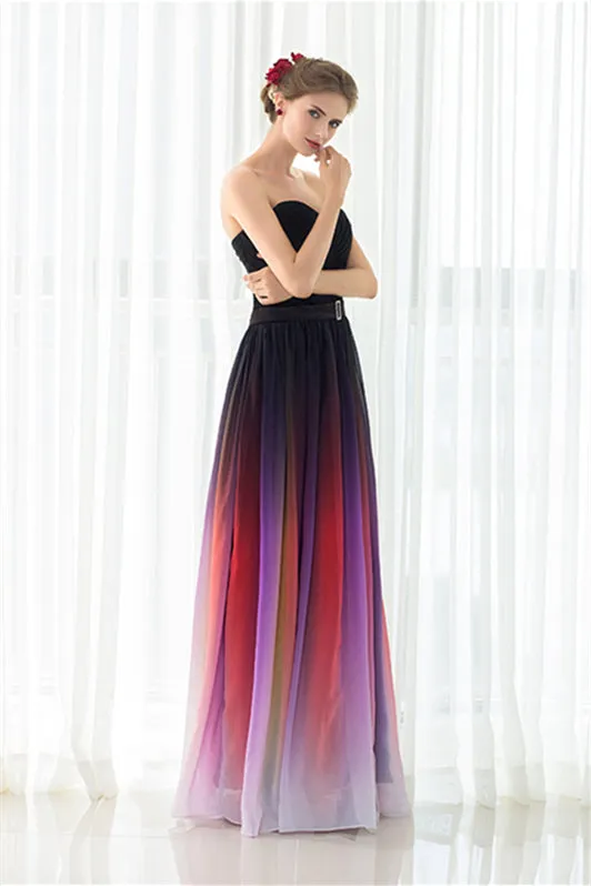 A Line Strapless Sleeveless Colorful Chiffon Floor Length Prom Dresses With Belt