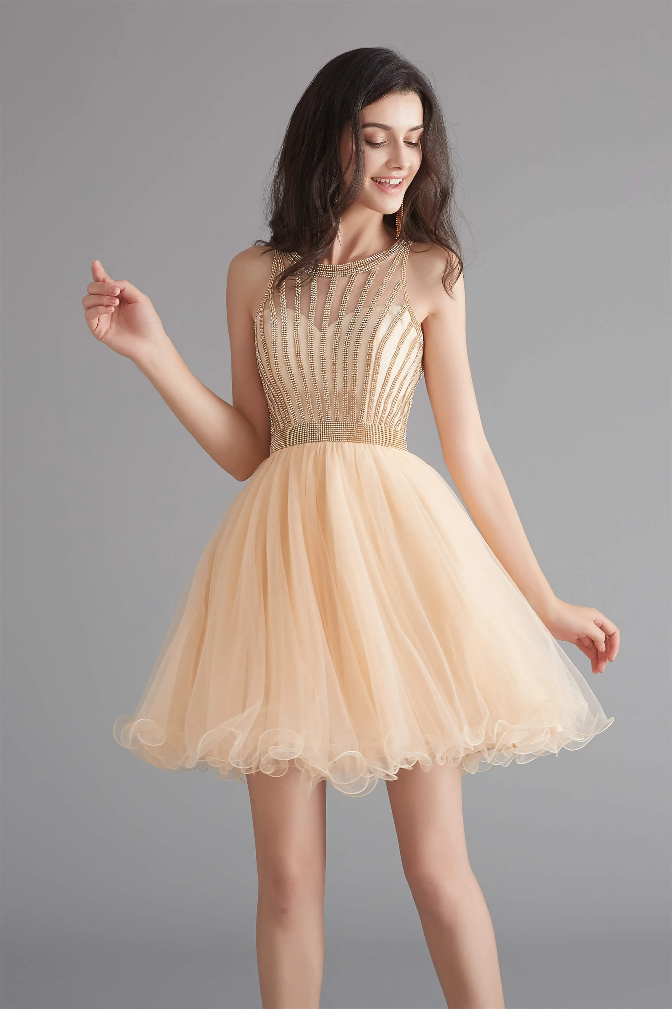 A-Line Tulle Sleeveless Beading Homecoming Dresses