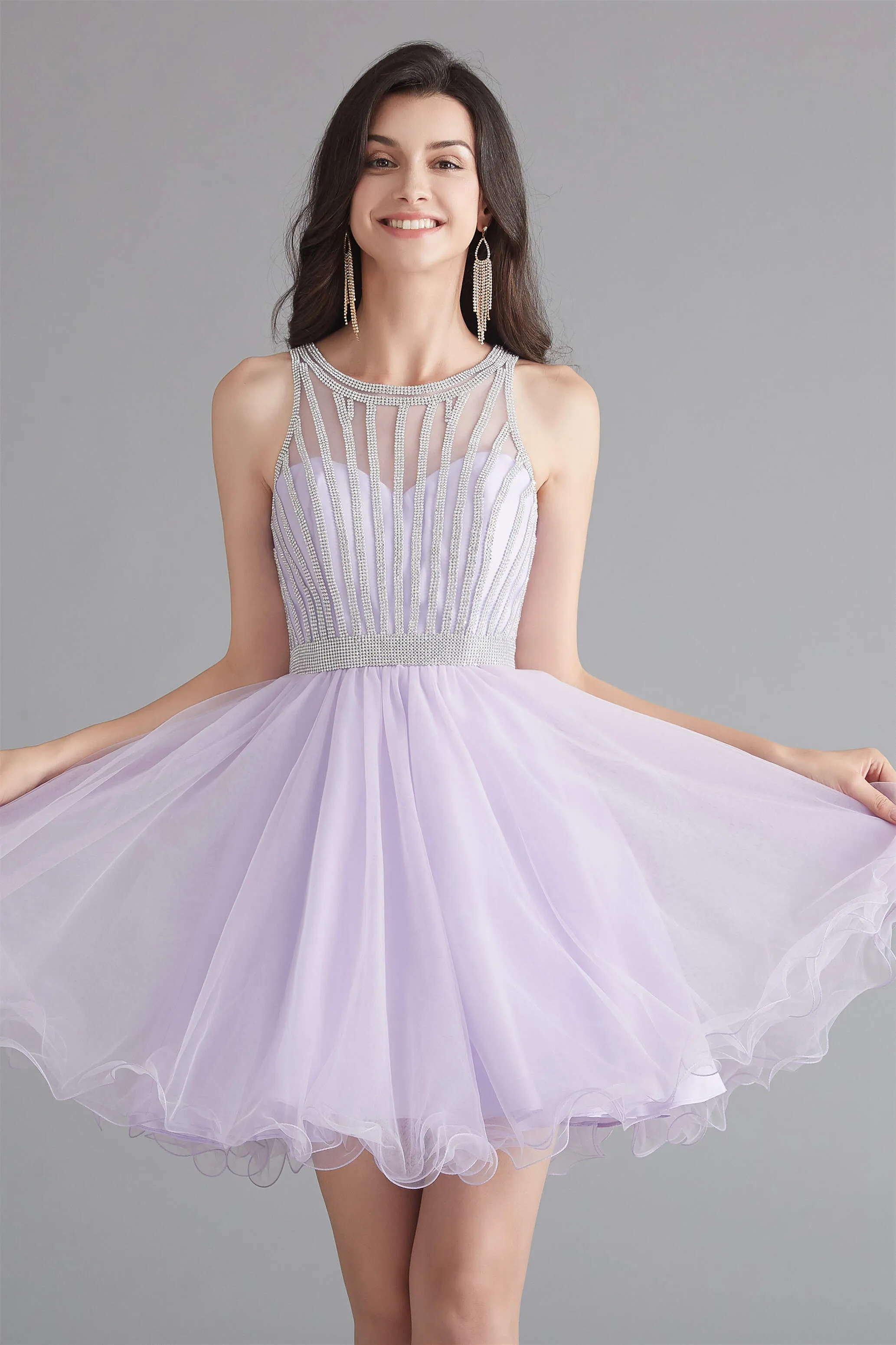 A-Line Tulle Sleeveless Beading Homecoming Dresses