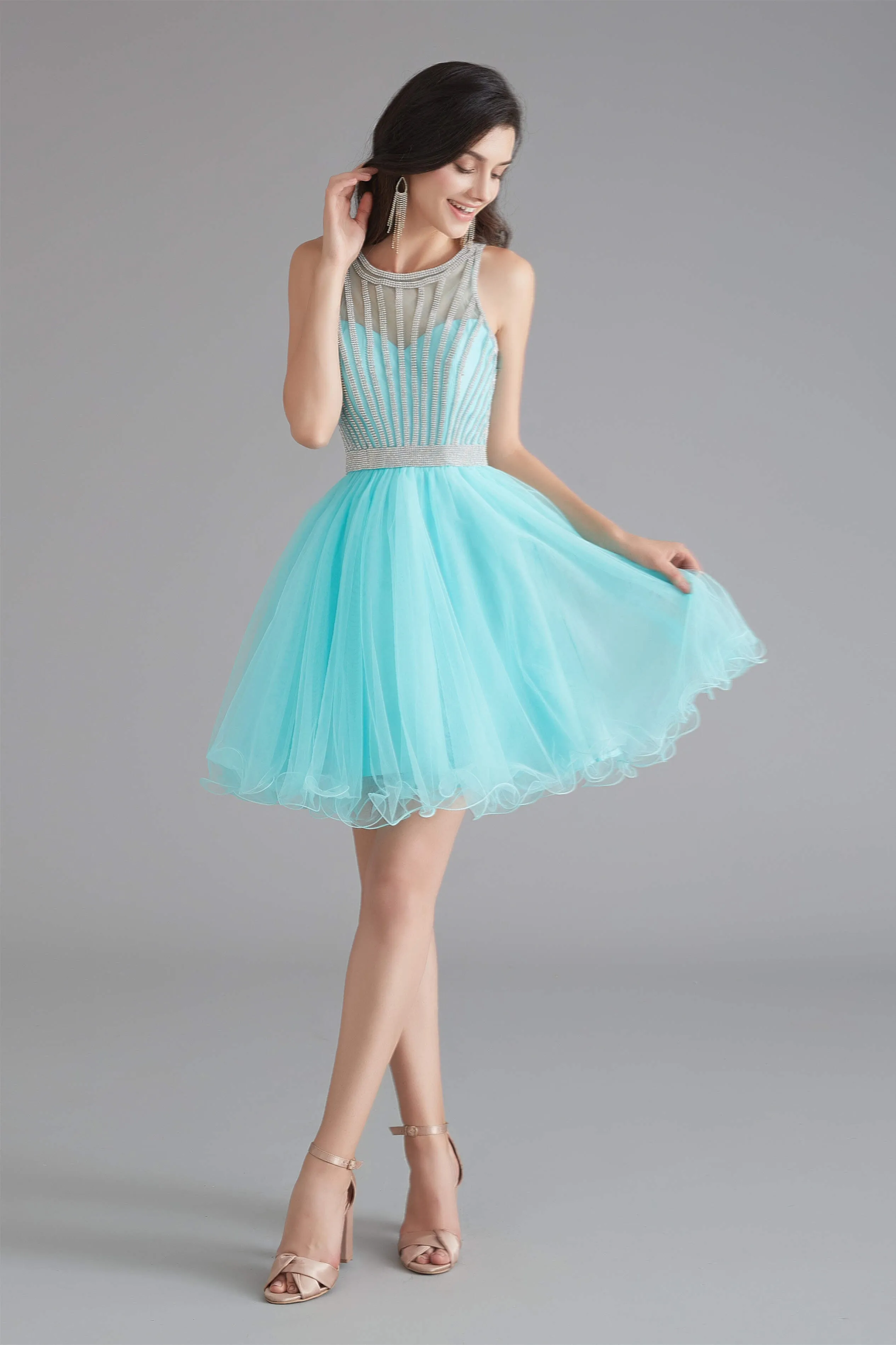 A-Line Tulle Sleeveless Beading Homecoming Dresses