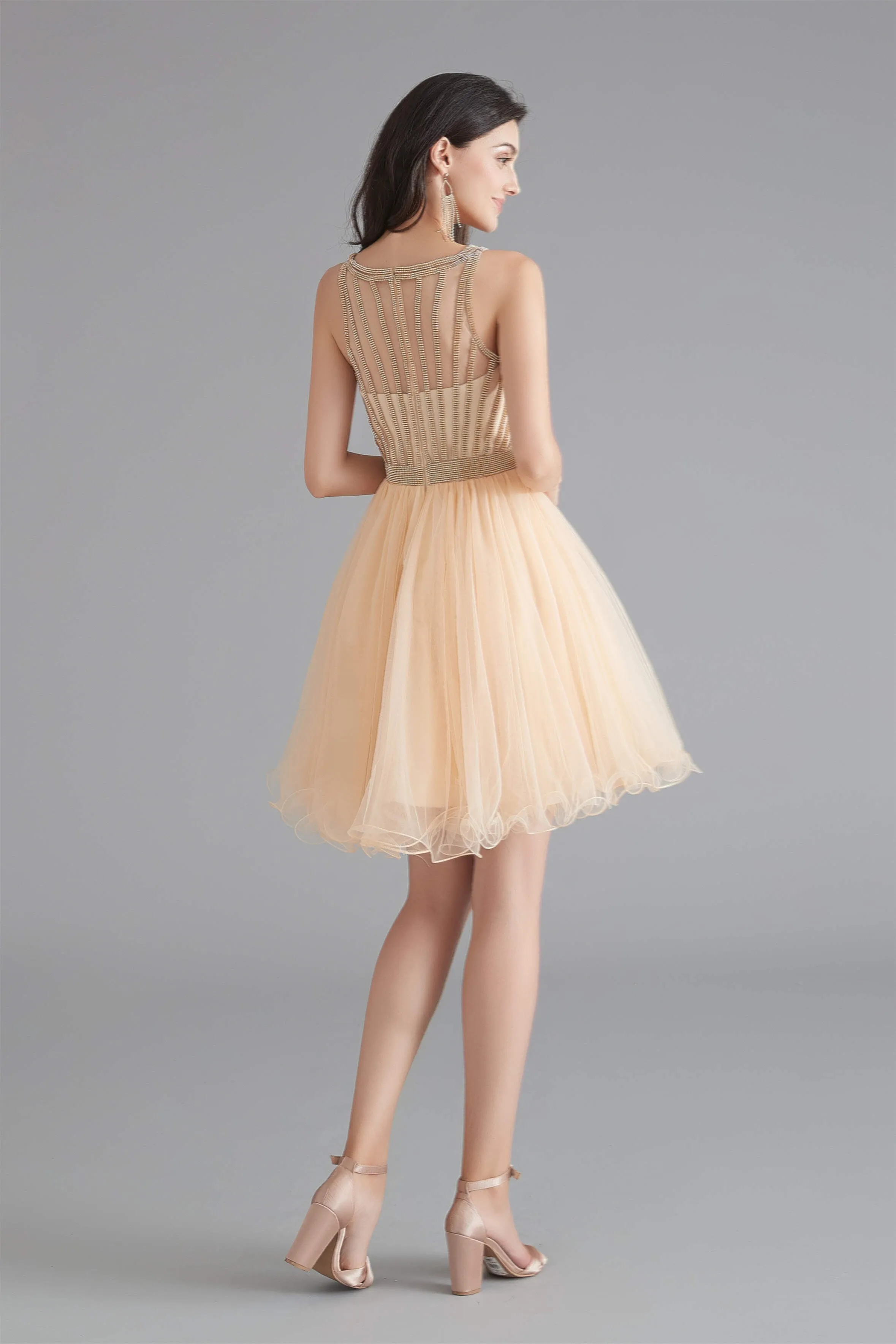 A-Line Tulle Sleeveless Beading Homecoming Dresses