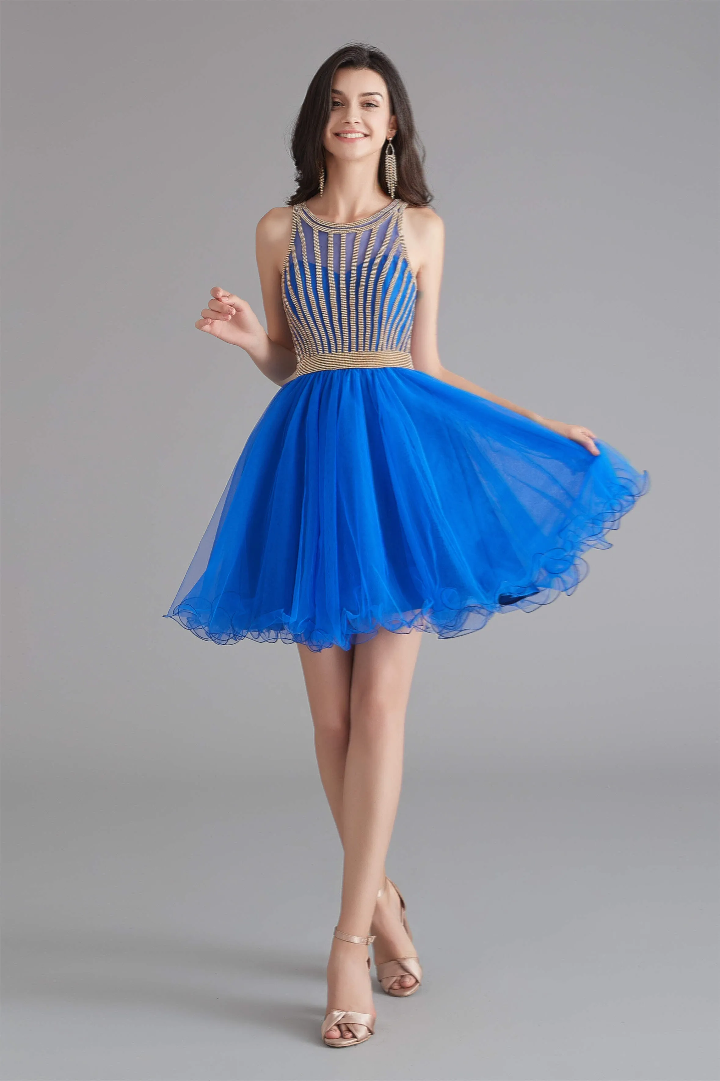 A-Line Tulle Sleeveless Beading Homecoming Dresses