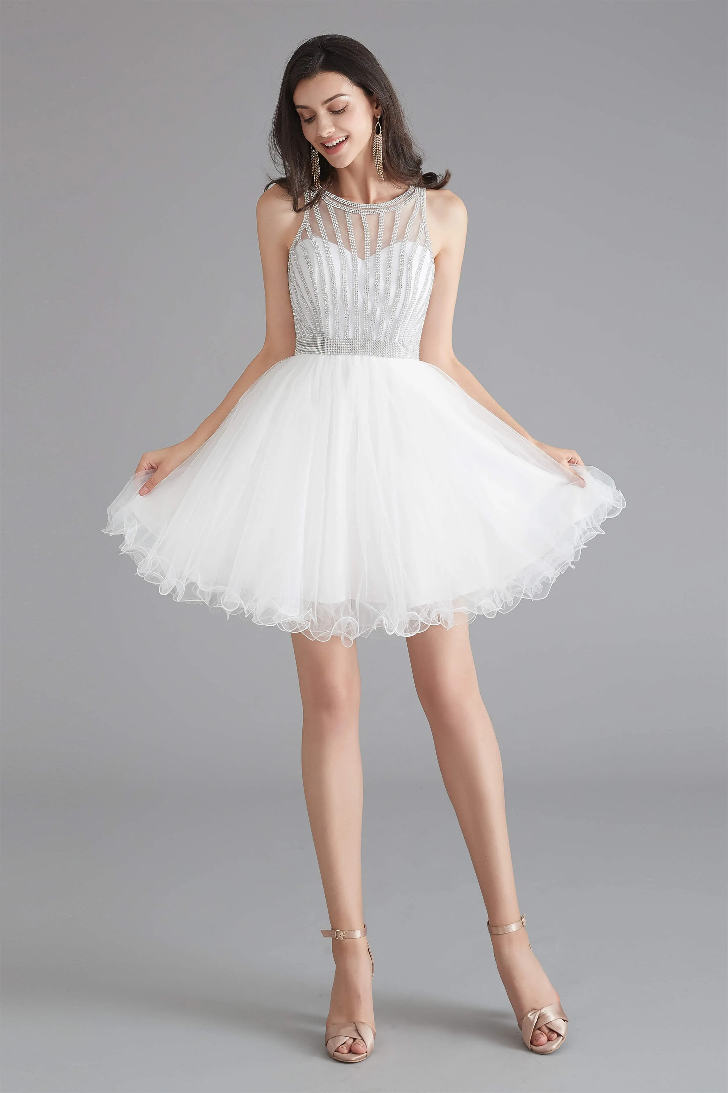 A-Line Tulle Sleeveless Beading Homecoming Dresses