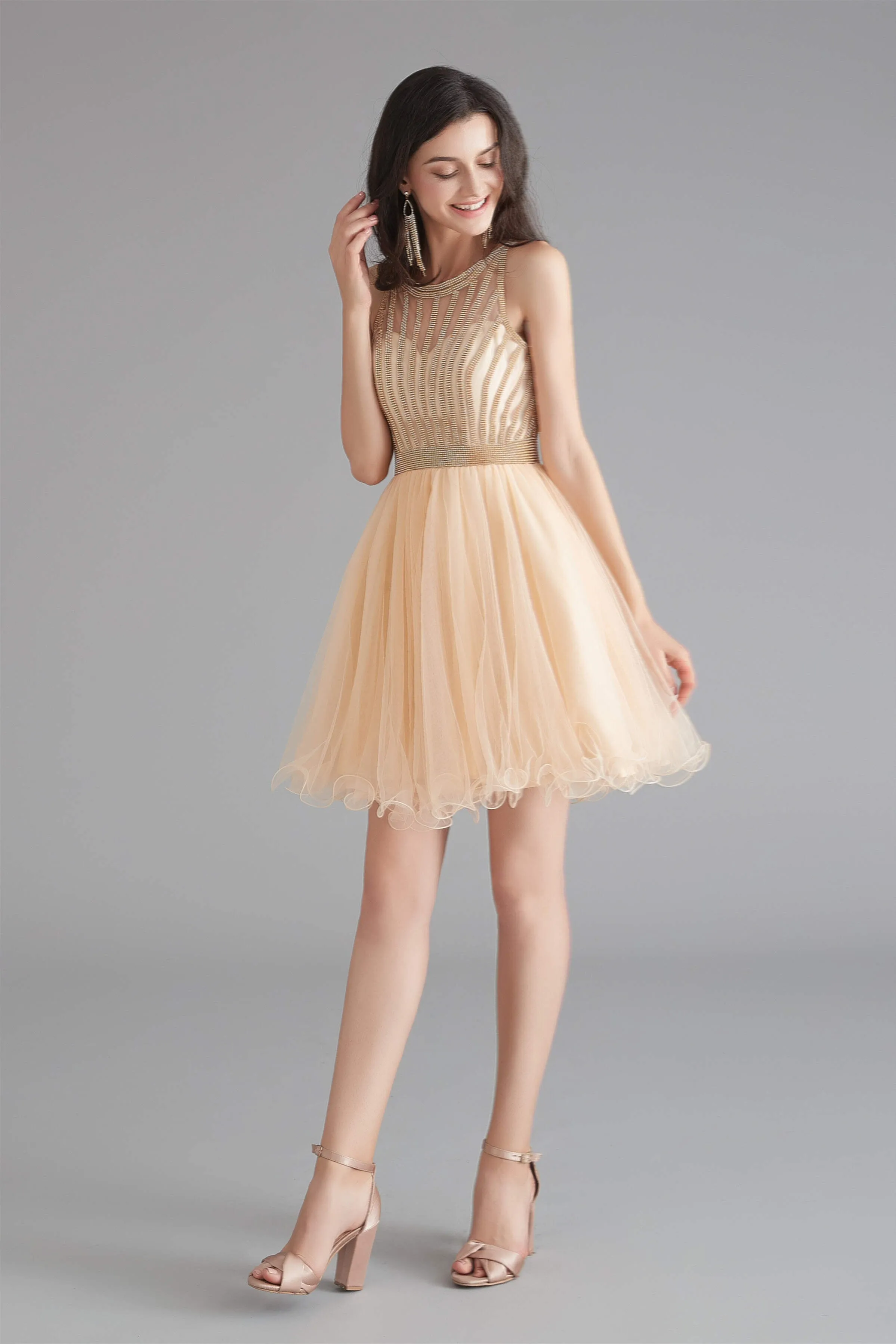 A-Line Tulle Sleeveless Beading Homecoming Dresses