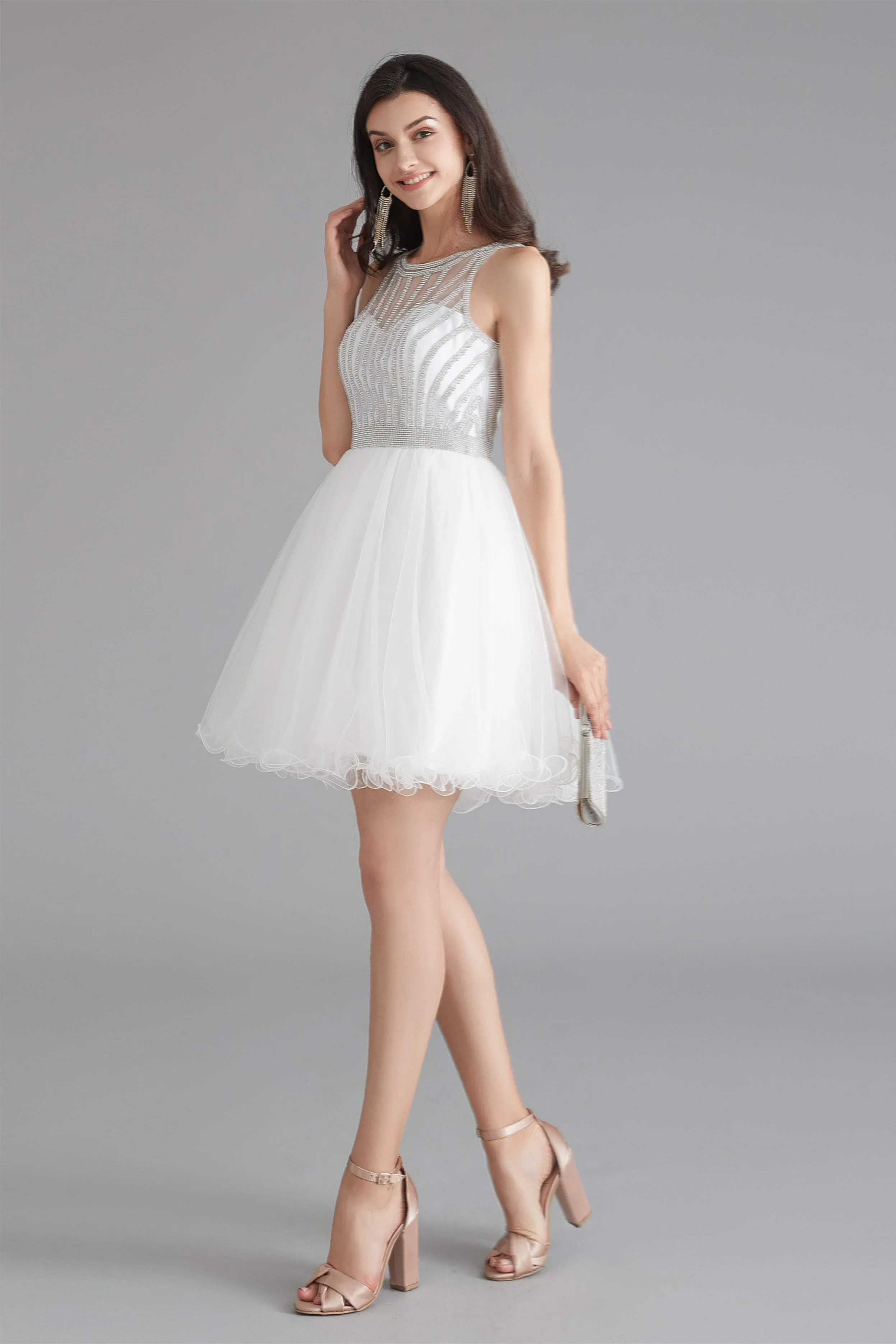 A-Line Tulle Sleeveless Beading Homecoming Dresses