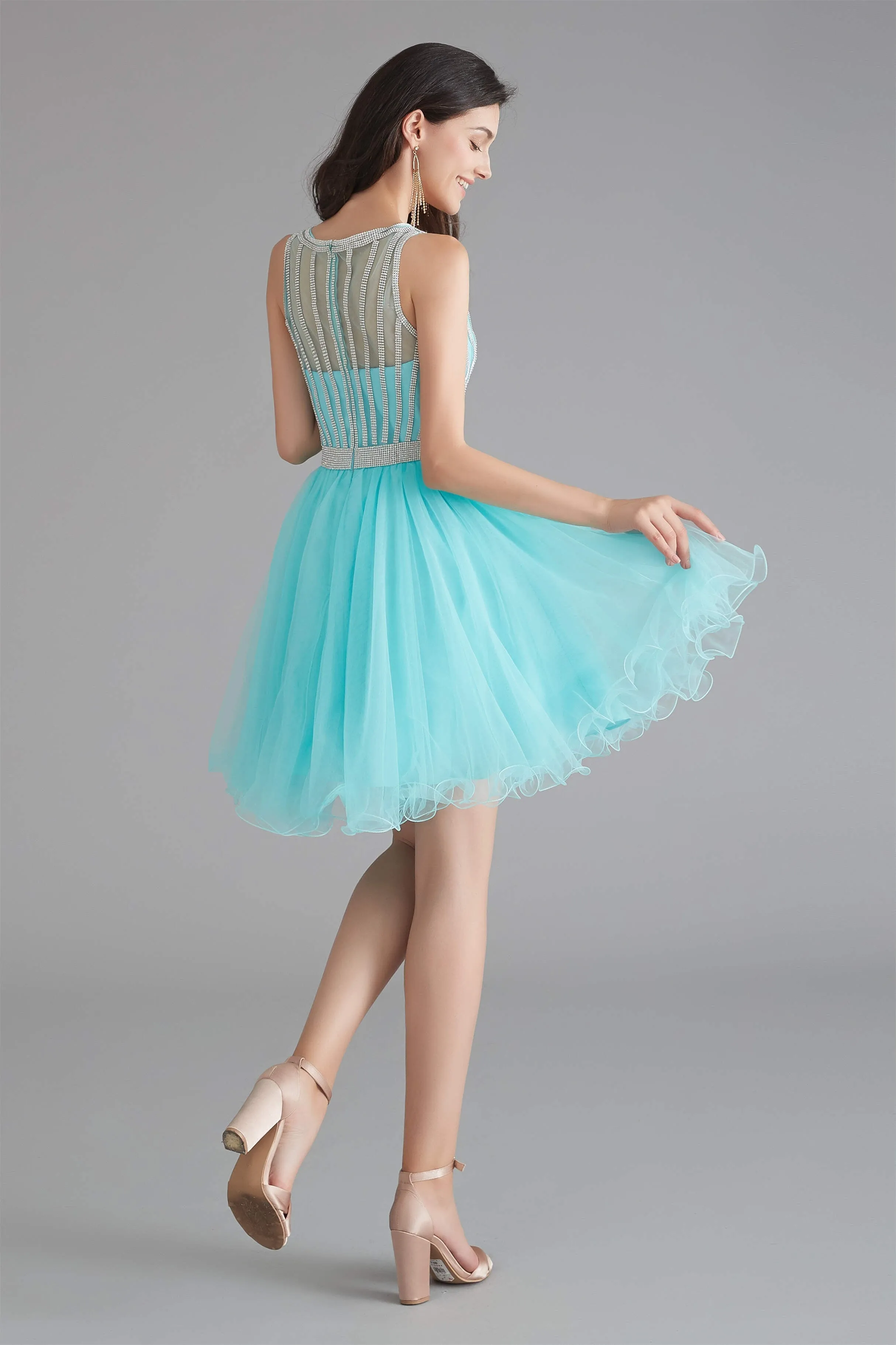 A-Line Tulle Sleeveless Beading Homecoming Dresses