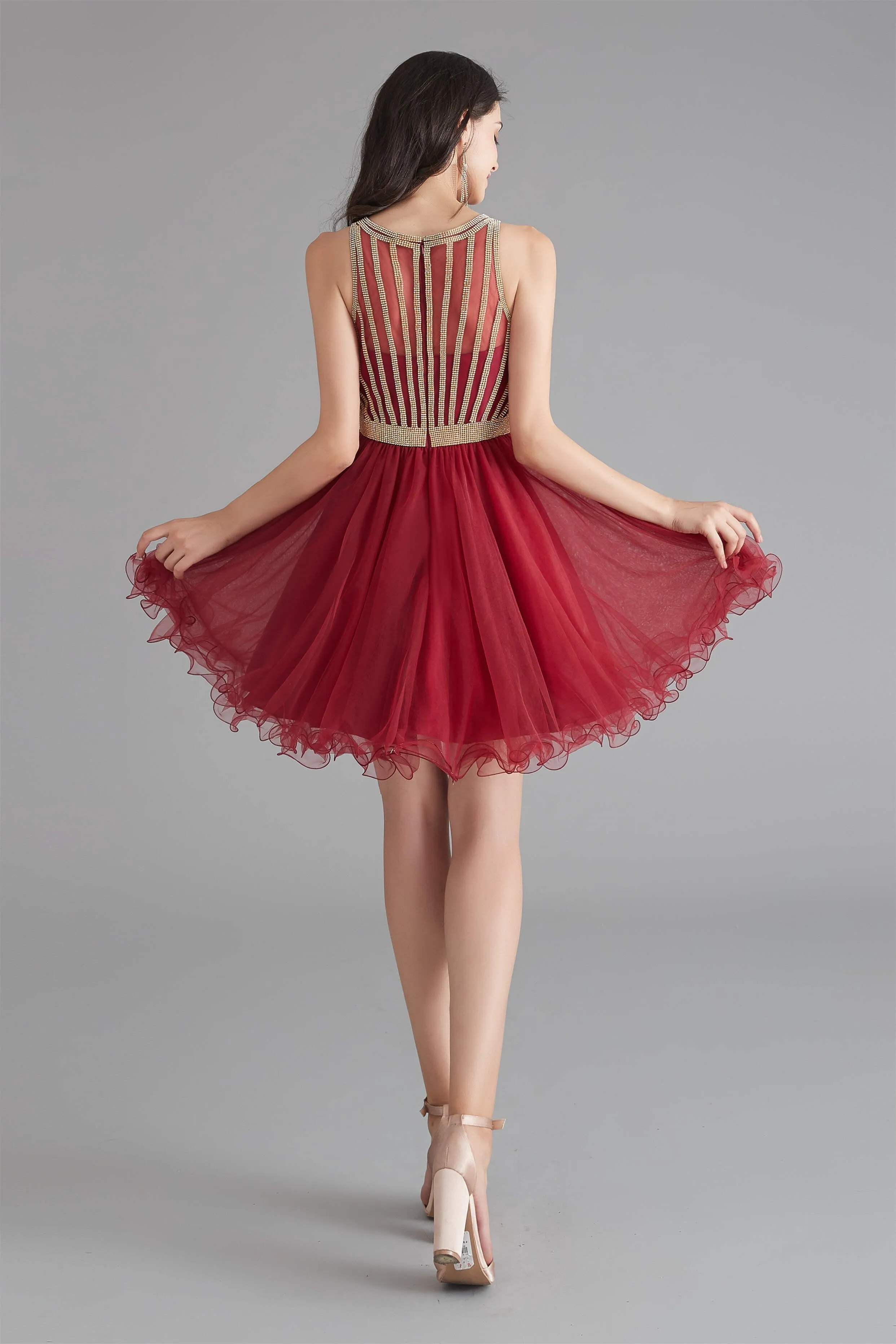 A-Line Tulle Sleeveless Beading Homecoming Dresses