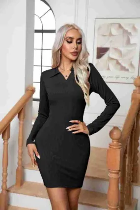 Basic Long Sleeve Easy Fit Collared Pencil Mini Dress