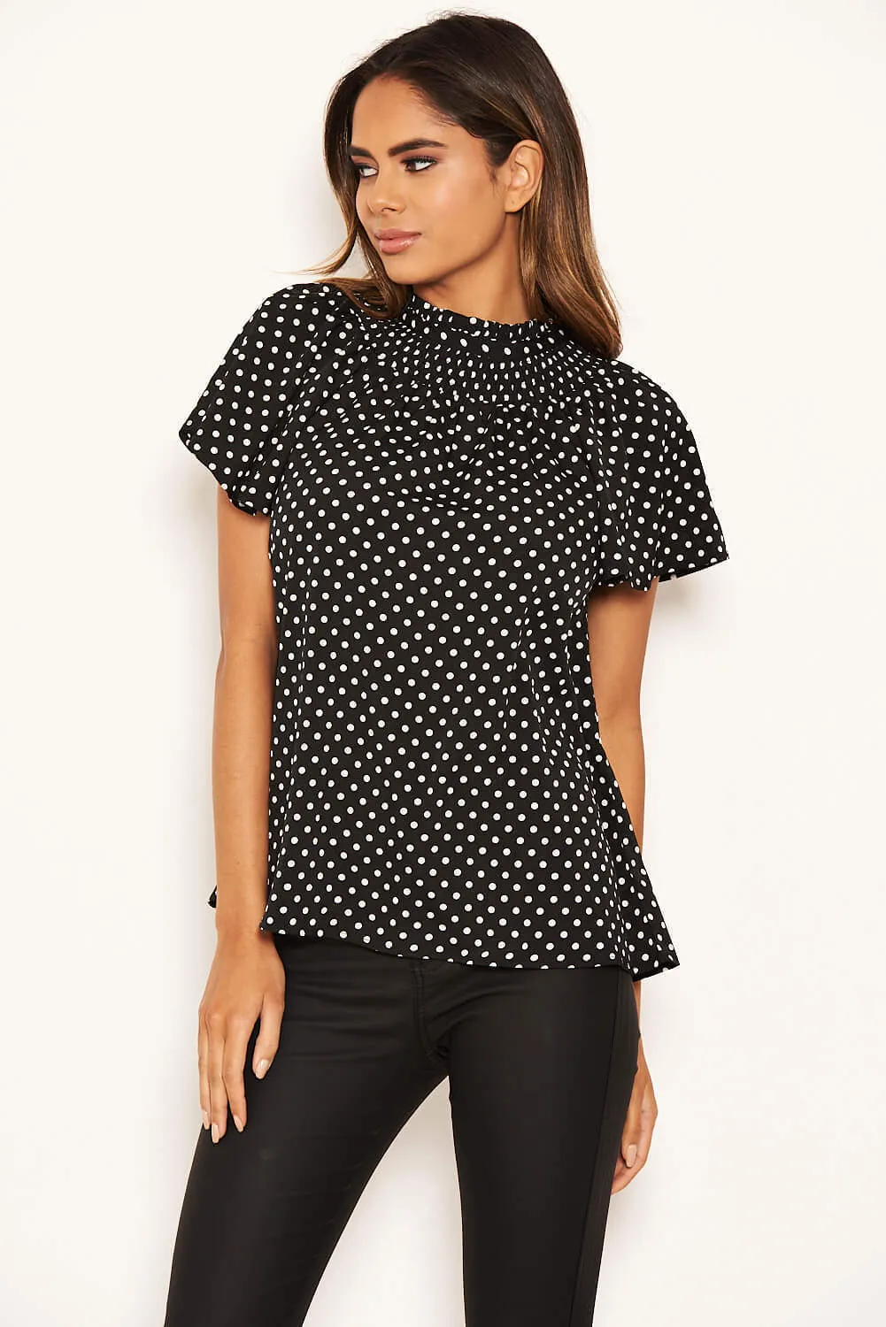 Black Polka Dot Pleated High Neck Top