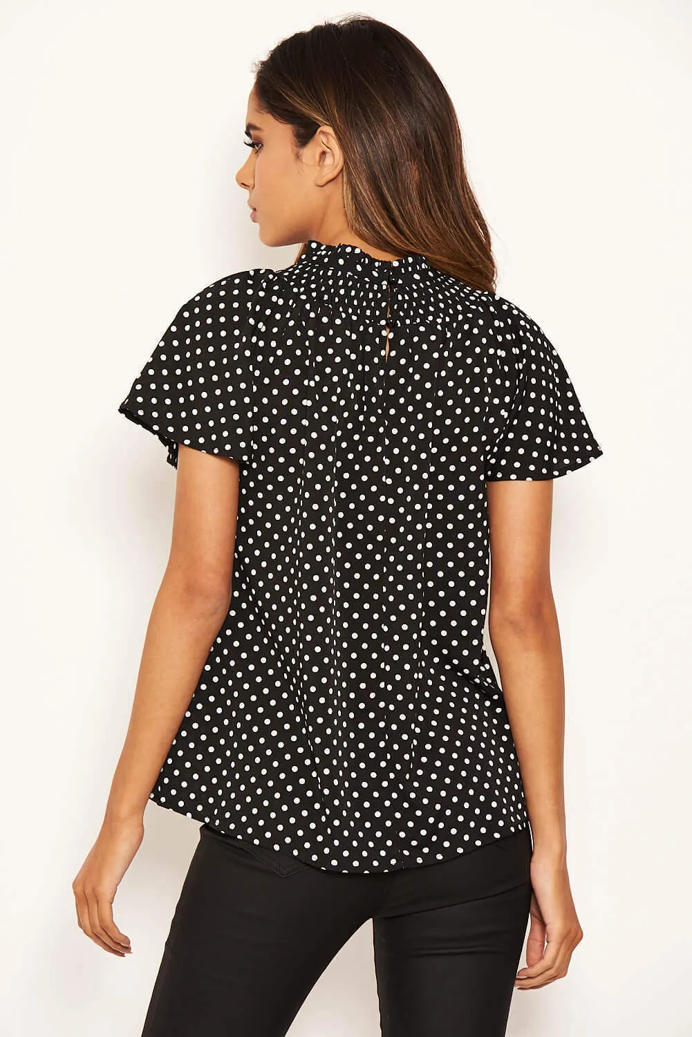 Black Polka Dot Pleated High Neck Top