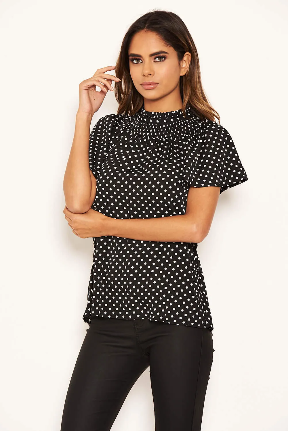 Black Polka Dot Pleated High Neck Top