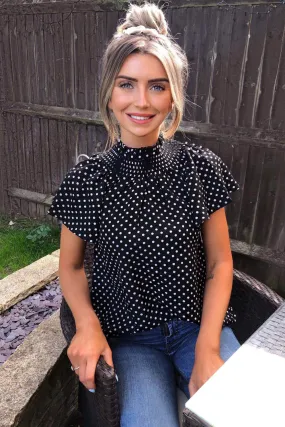 Black Polka Dot Pleated High Neck Top