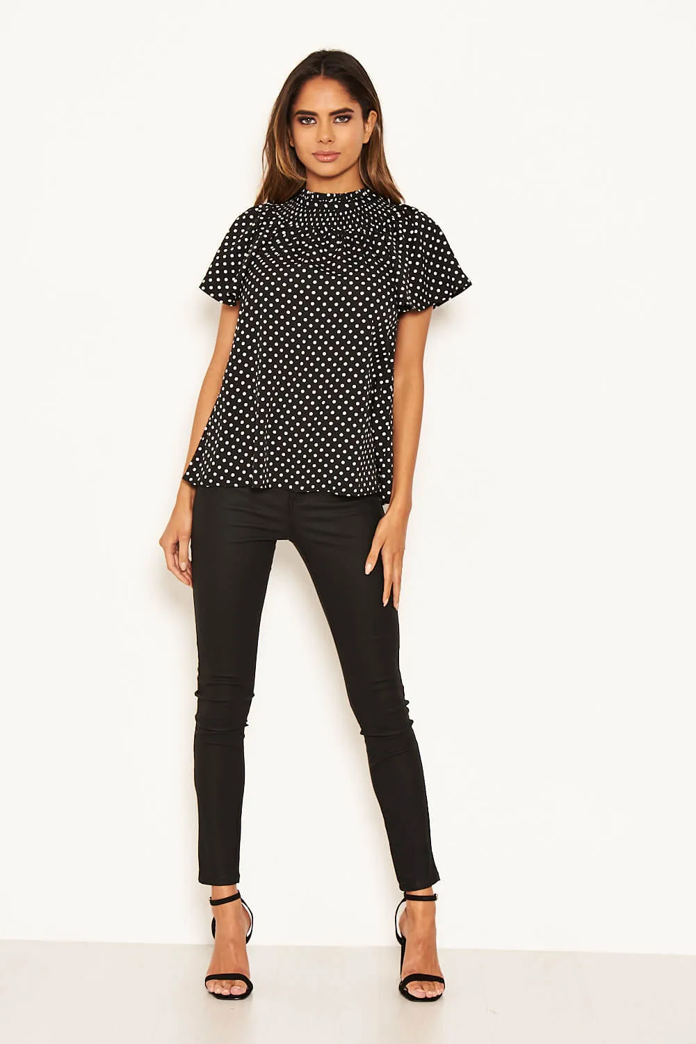 Black Polka Dot Pleated High Neck Top