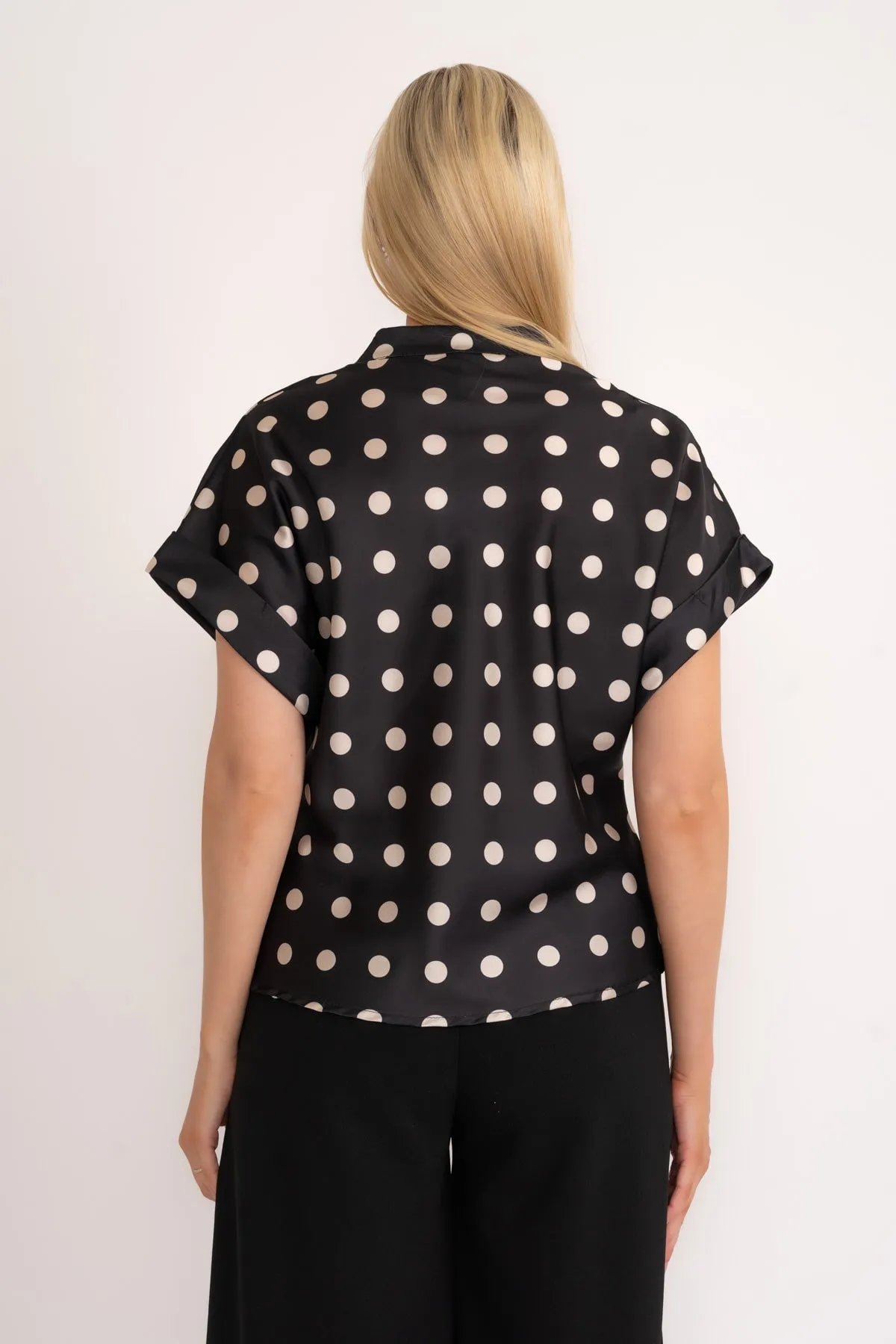 Black Print V-Neck Sateen Top