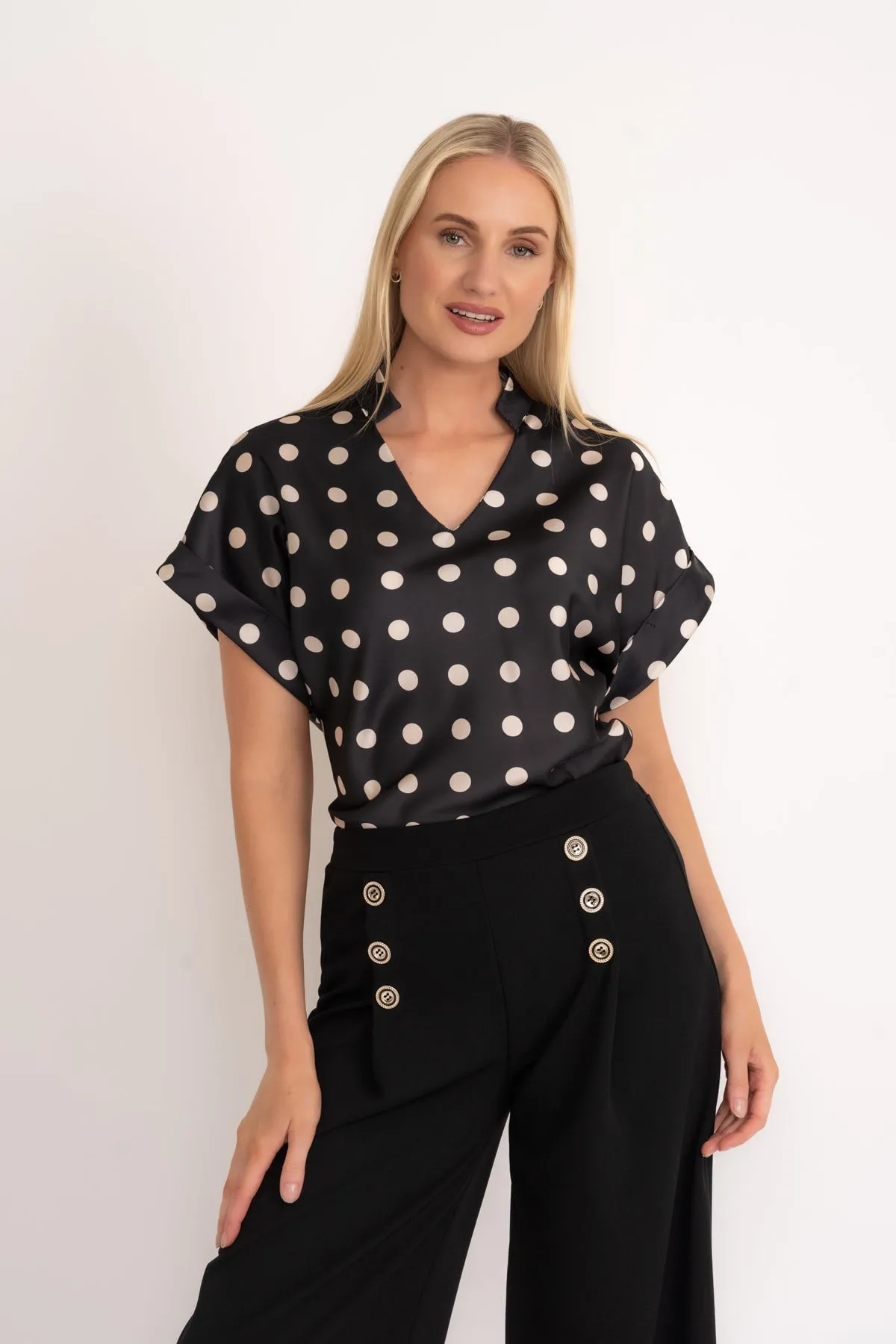 Black Print V-Neck Sateen Top