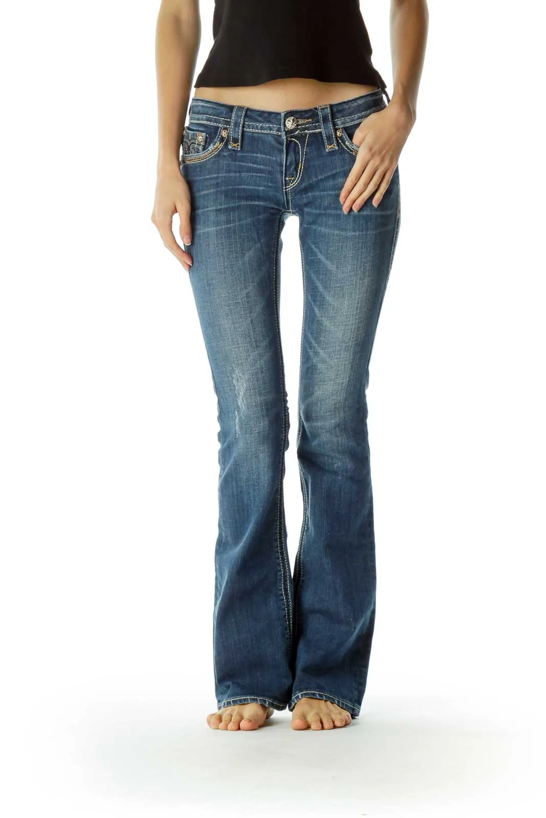 Blue Stitched Flared Denim Jeans