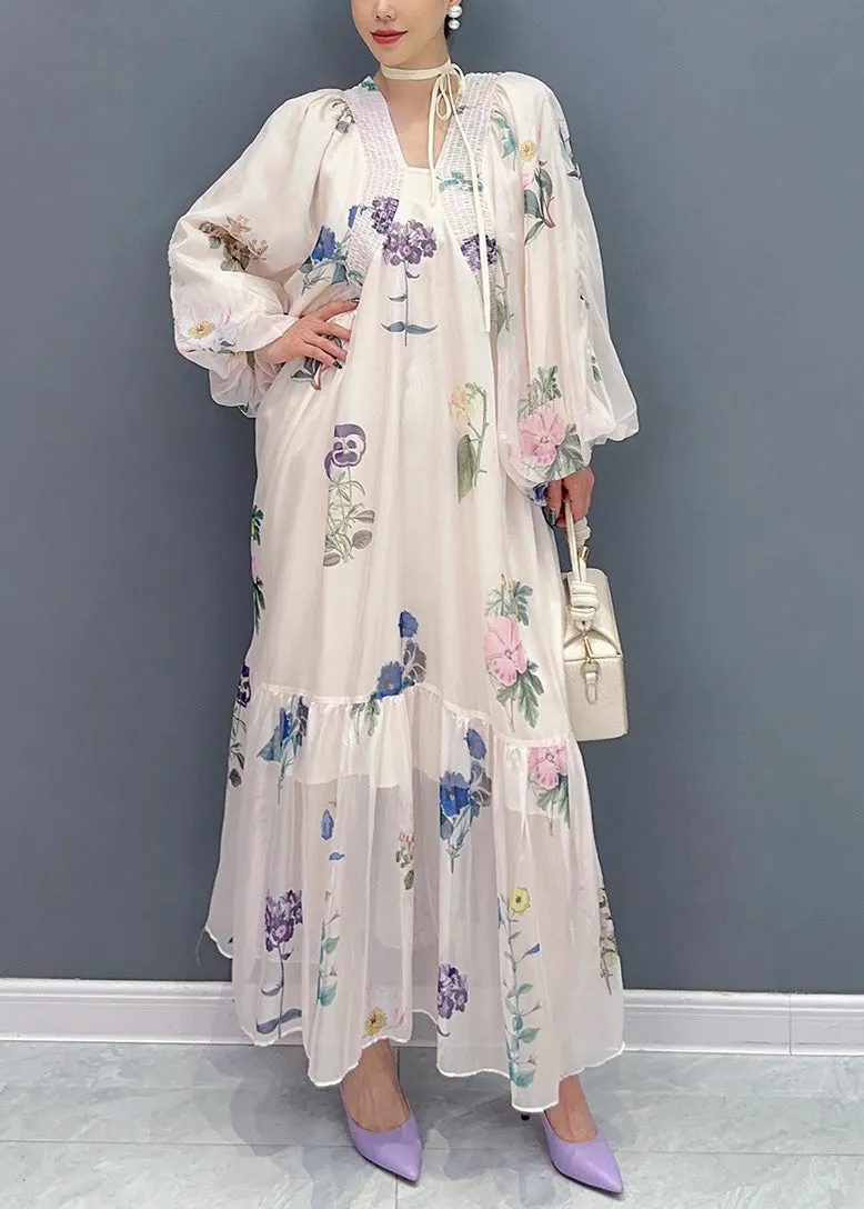 Bohemian White Print Chiffon Long Dresses Lantern Sleeve AR1027