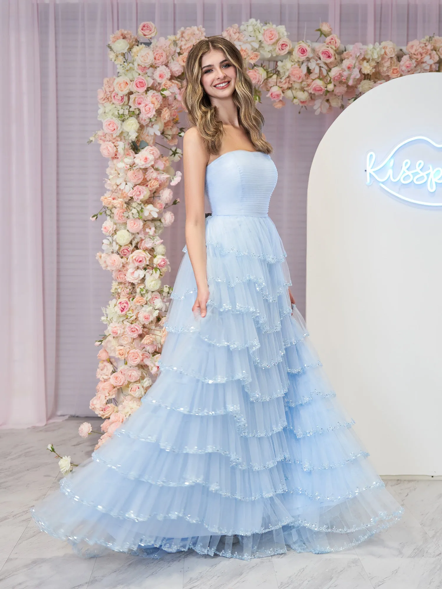 Braelyn | Light Blue Strapless Layered Tulle Prom Dress with Sequins