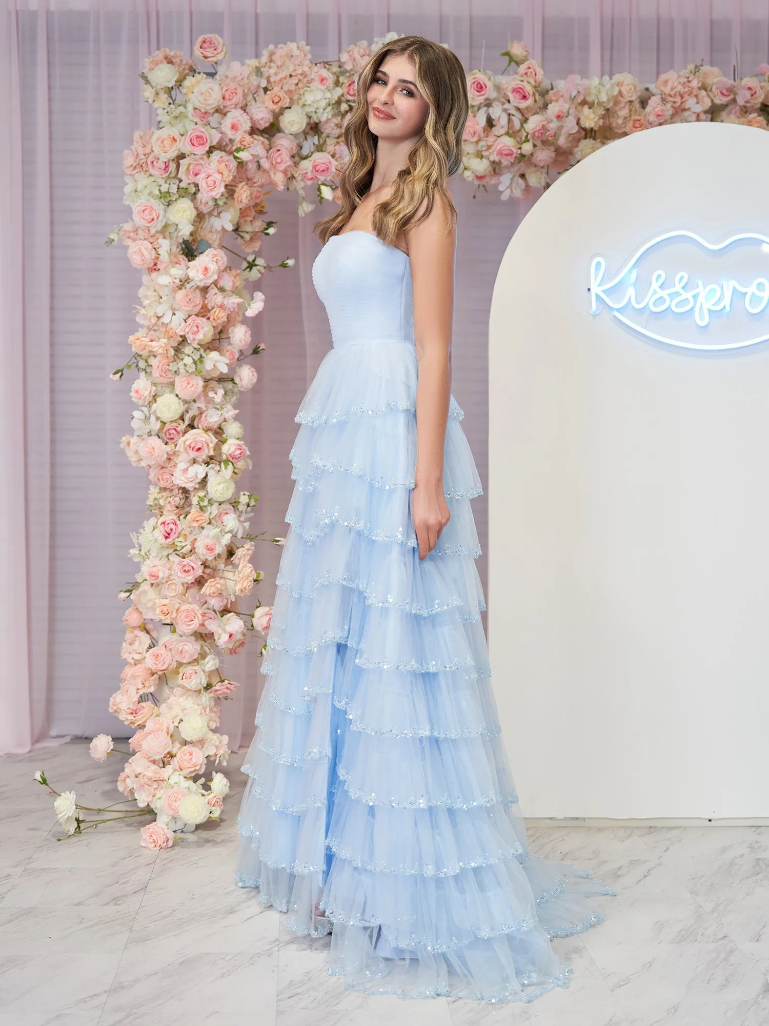 Braelyn | Light Blue Strapless Layered Tulle Prom Dress with Sequins