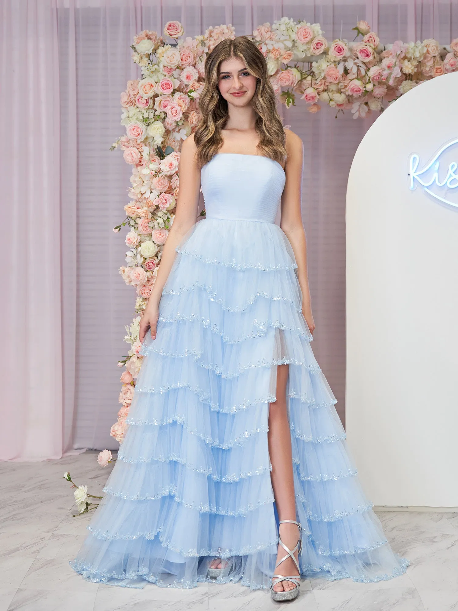 Braelyn | Light Blue Strapless Layered Tulle Prom Dress with Sequins