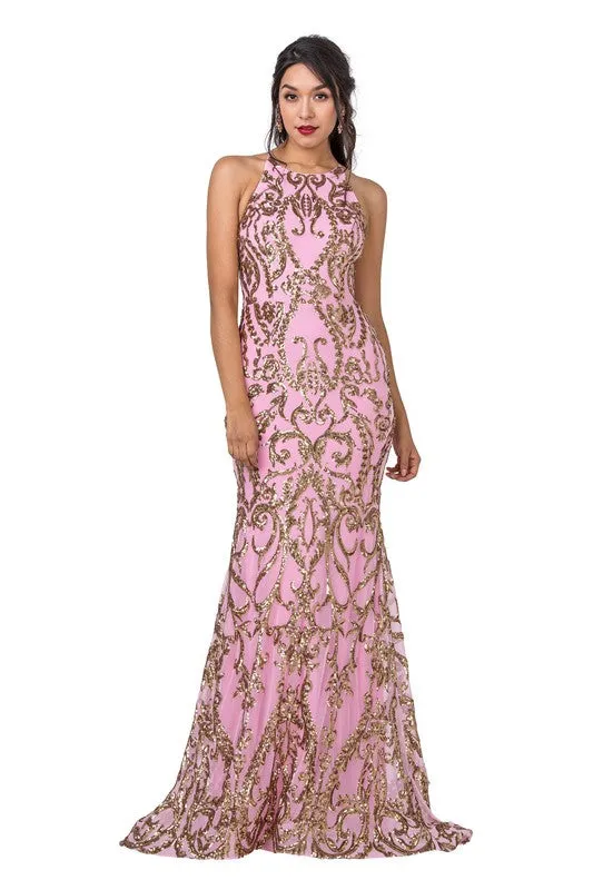 Bubble Pink Gold Applique Slim Fit Evening Gown