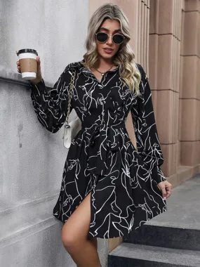 Business Art Print Long Sleeve Button Up Tie Knot Mini Shirt Dress