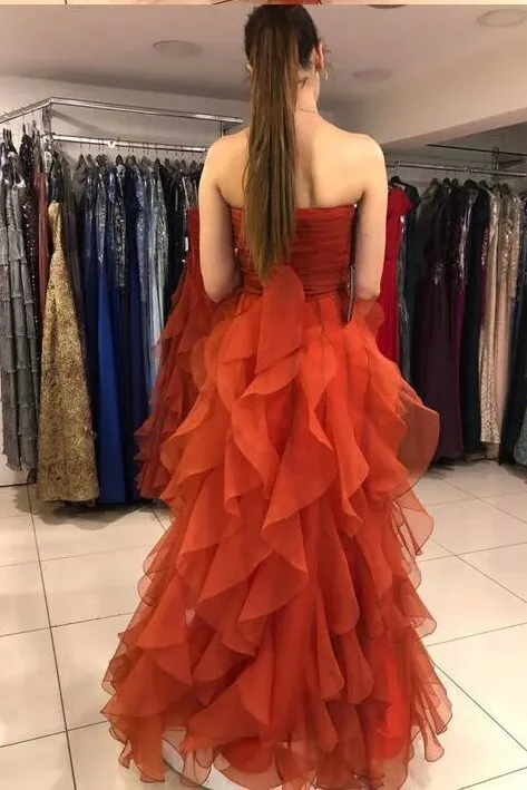 Charming Strapless Ruffles Brick Red Prom Dress, Long Evening Dress GP654