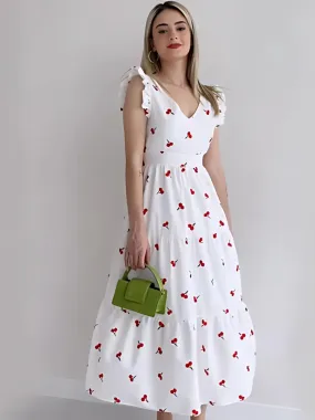 Cherry Print Ruffled Midi Dress