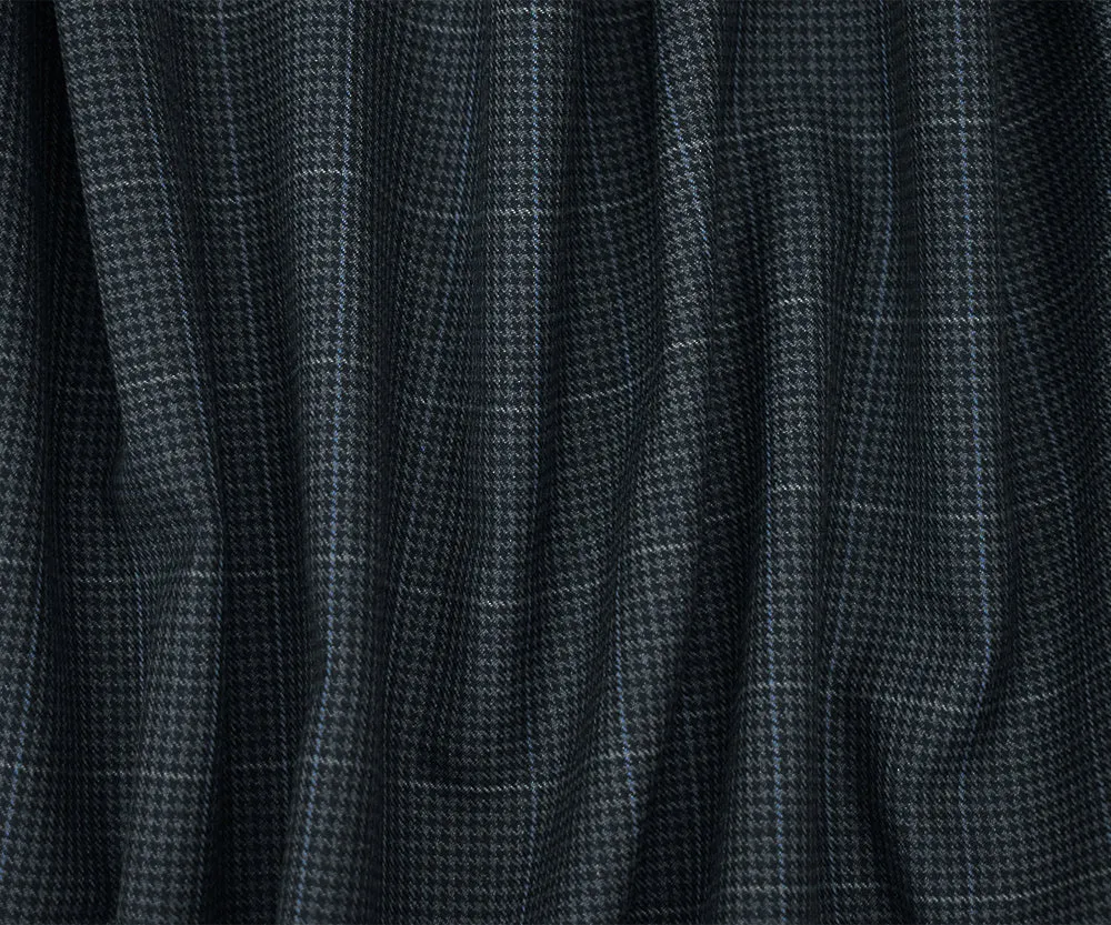 Deep Navy-Gray Wool-Polyester Check Houndstooth Suiting Twill Woven Fabric