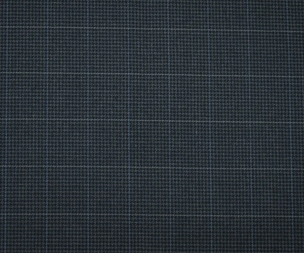 Deep Navy-Gray Wool-Polyester Check Houndstooth Suiting Twill Woven Fabric