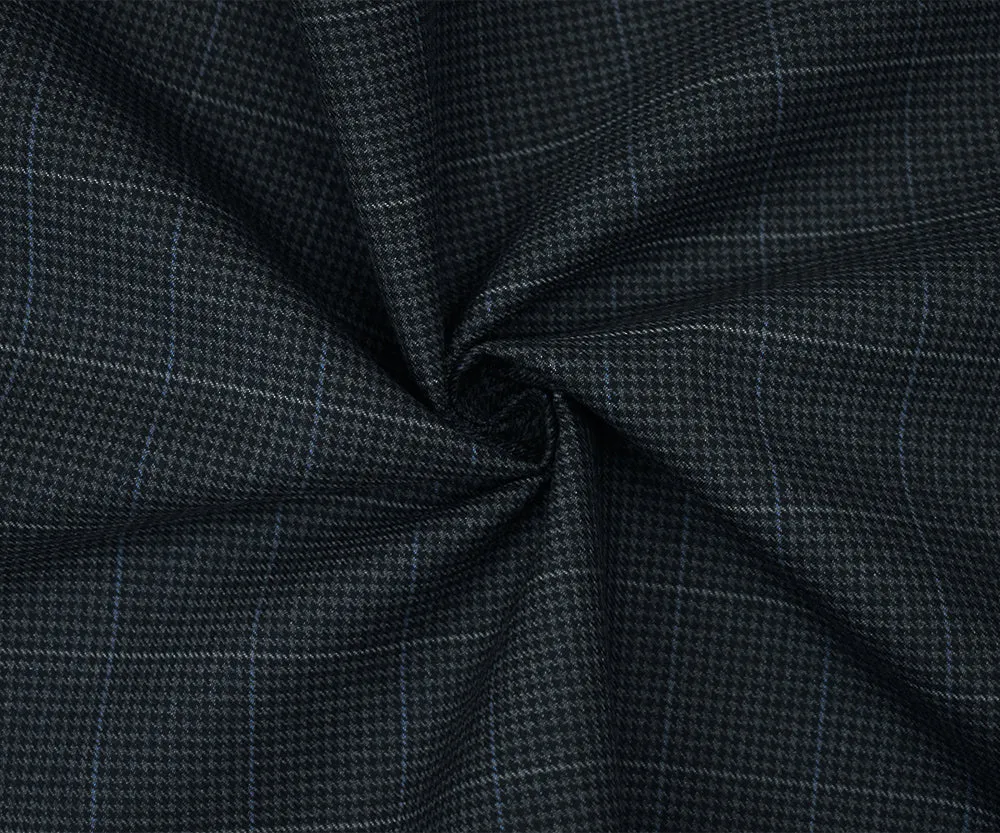 Deep Navy-Gray Wool-Polyester Check Houndstooth Suiting Twill Woven Fabric