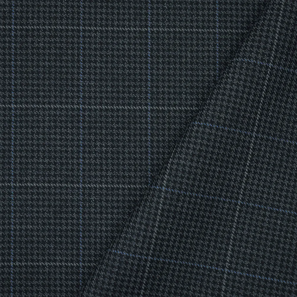 Deep Navy-Gray Wool-Polyester Check Houndstooth Suiting Twill Woven Fabric