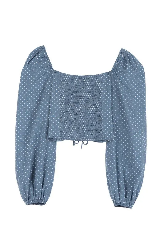 Denim Polka Dot Puff Sleeve Ruched Crop Top