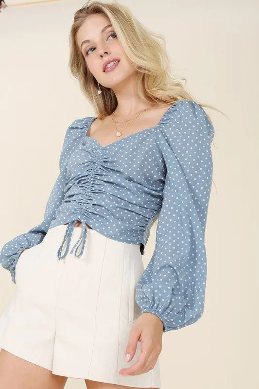 Denim Polka Dot Puff Sleeve Ruched Crop Top