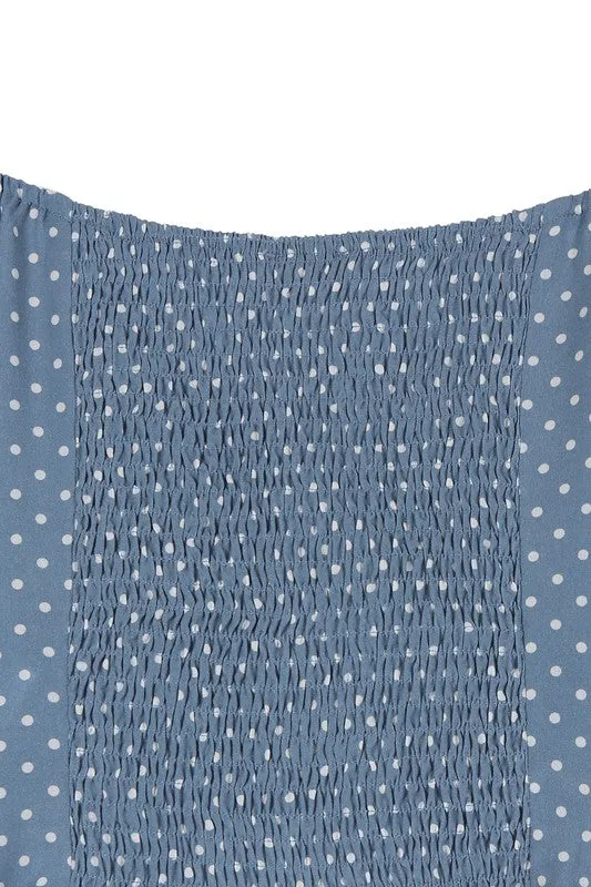 Denim Polka Dot Puff Sleeve Ruched Crop Top