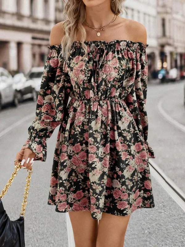 Dinner Off The Shoulder Long Sleeve Mini Dress in Floral