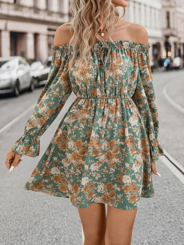 Dinner Off The Shoulder Long Sleeve Mini Dress in Floral