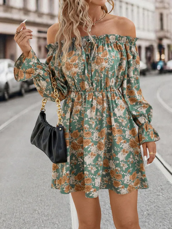 Dinner Off The Shoulder Long Sleeve Mini Dress in Floral