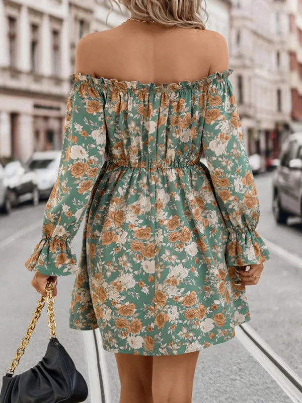 Dinner Off The Shoulder Long Sleeve Mini Dress in Floral