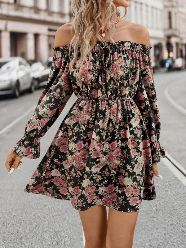 Dinner Off The Shoulder Long Sleeve Mini Dress in Floral