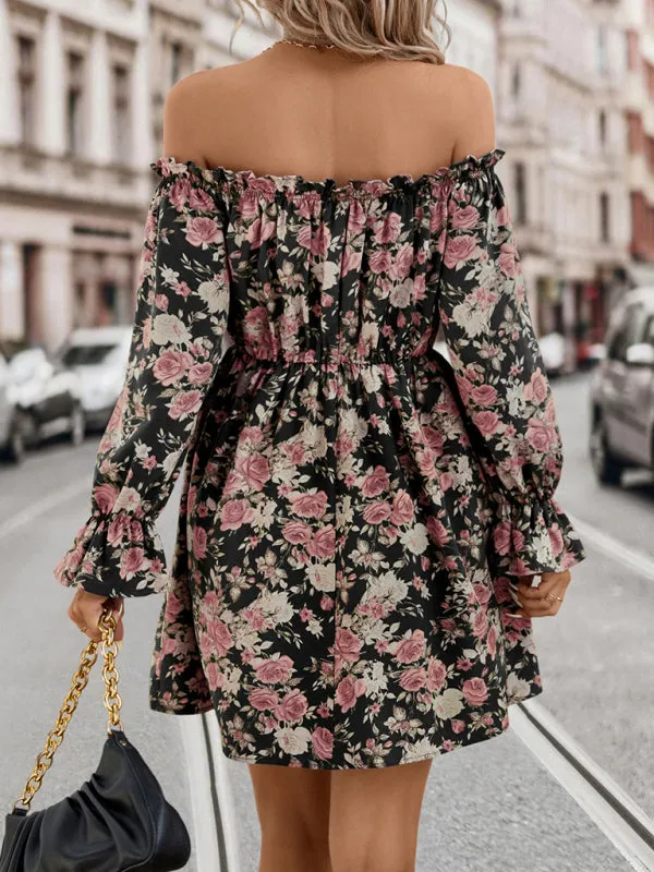 Dinner Off The Shoulder Long Sleeve Mini Dress in Floral